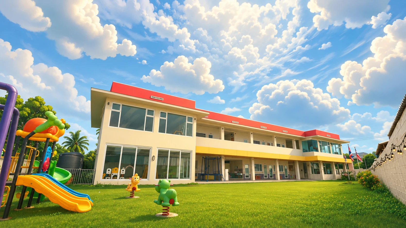 The SiLA Christian Kindergarten building, with its playground, lawn and front gate