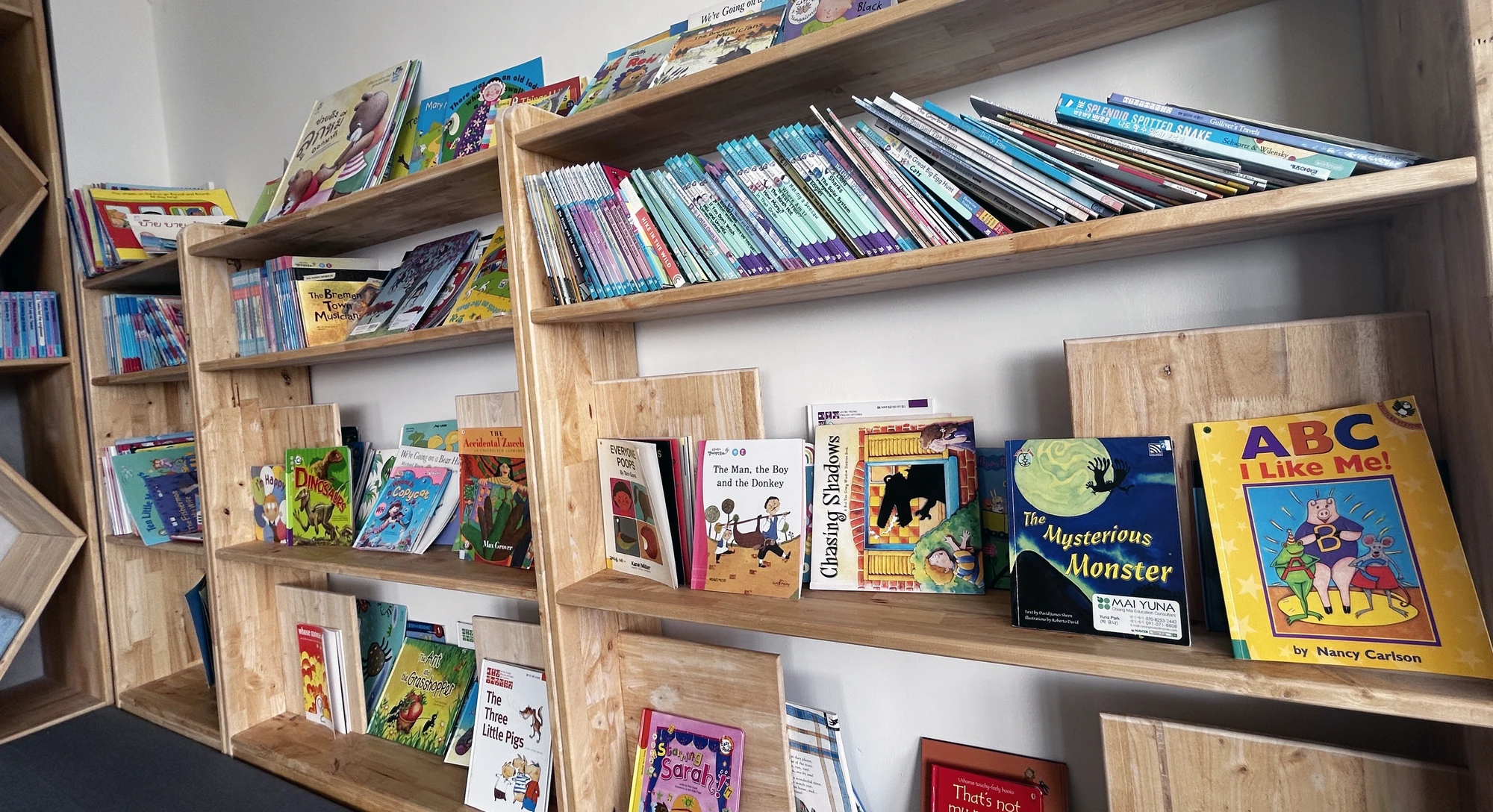 Shelves of children's picture books at the SiLA Library, spanning a range of ages and reading levels